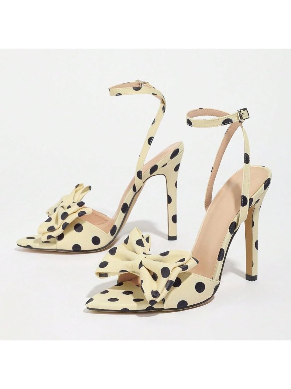 Women's Light Yellow Polka Dot Bow Stiletto Open Toe Ankle Strap Sexy High Heels